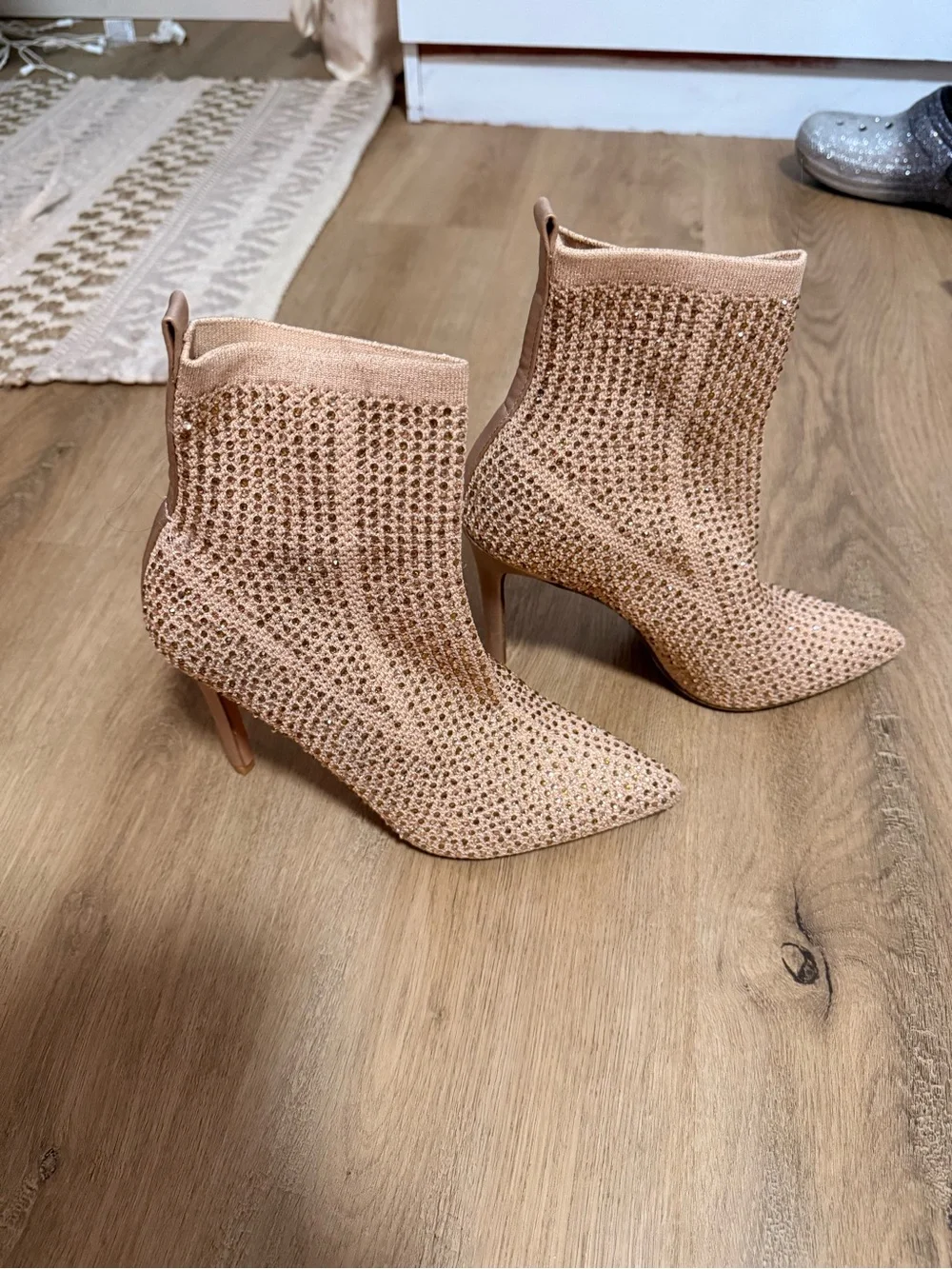 Women's Blush Rhinestone Pointed Toe Stretch Sock Booties